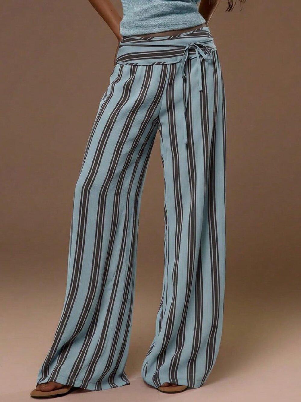 Blue Casual Women's Thick Tie Waistband Wide Leg Striped Trouser
